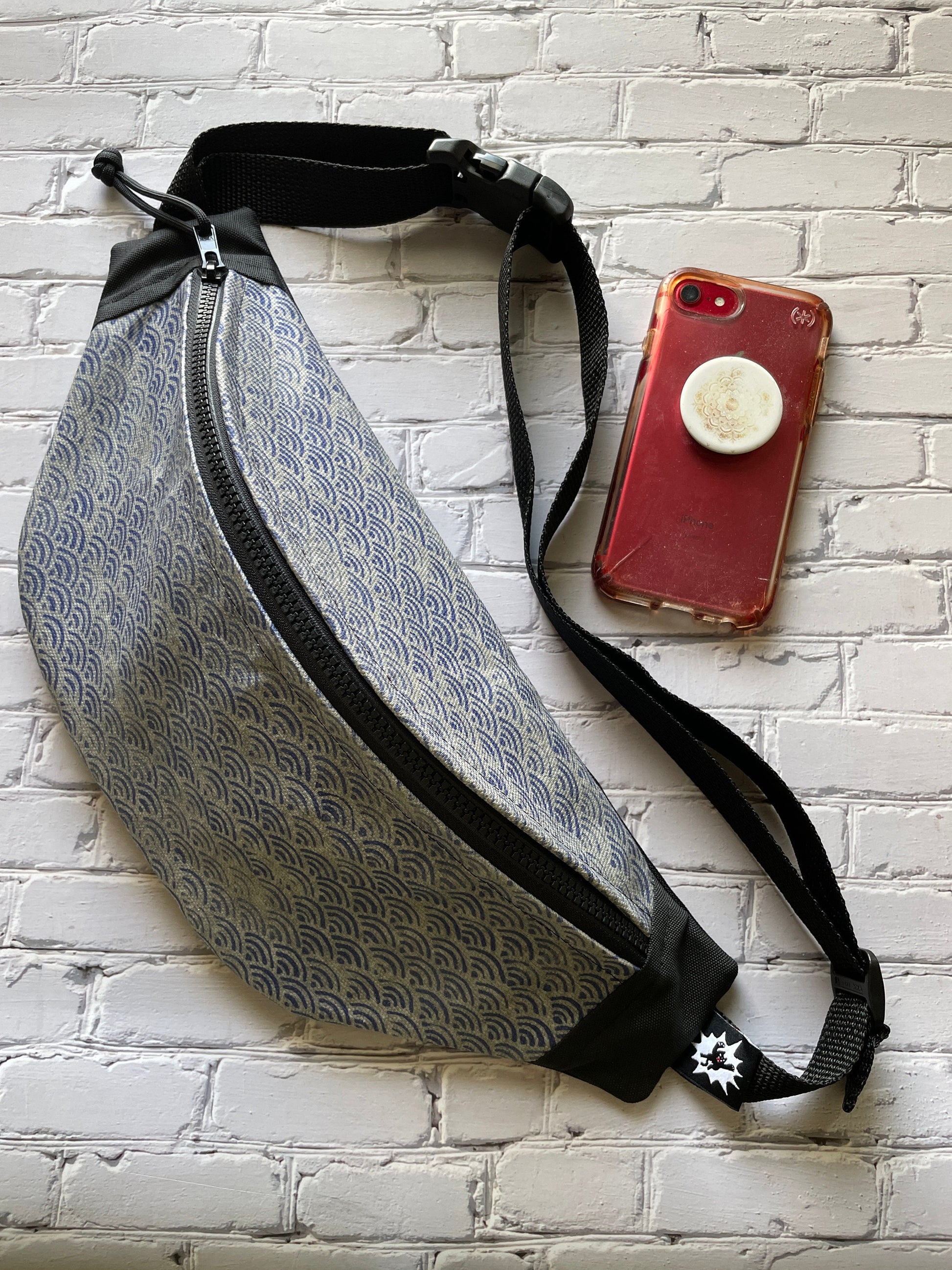 Japanese Block Print Bag in Blue with Grey