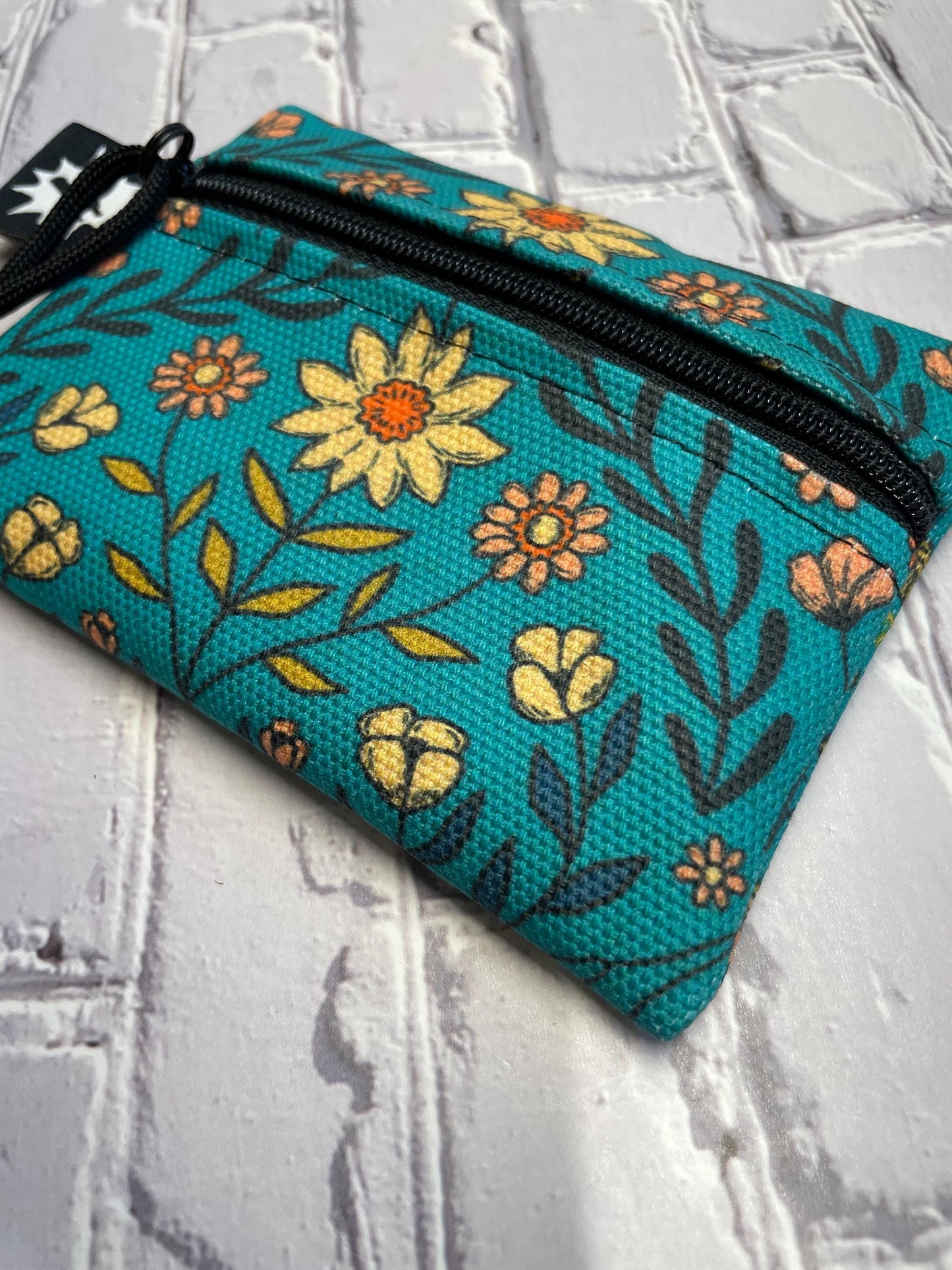 Waxed Canvas EDC Pouch | Mini Pouch | Small Zipper Wallet | Everyday Carry Bag | Hook and Loop Pouch | EDC Gear | Teal Floral Daisy