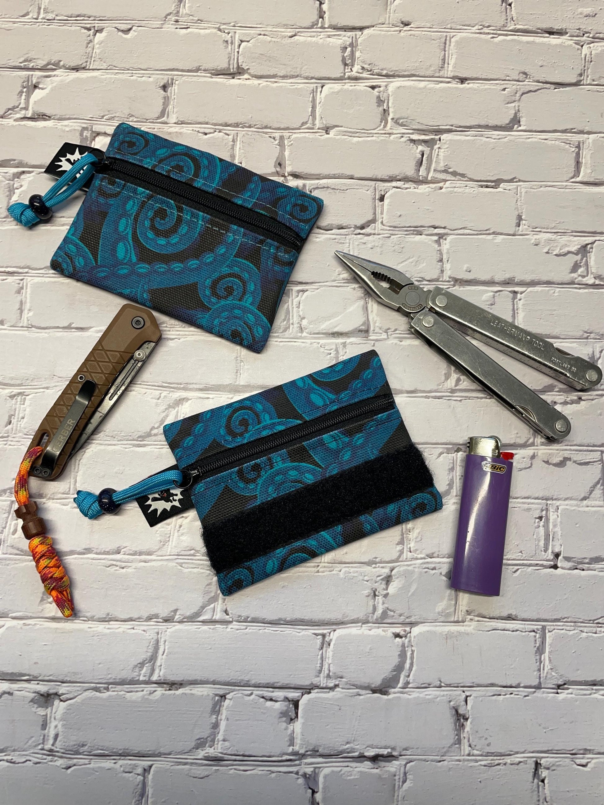 Waxed Canvas EDC Pouch | Mini Pouch | Small Zipper Wallet | Everyday Carry Bag | Hook and Loop Pouch | EDC Gear | Kraken Tentacles Blue