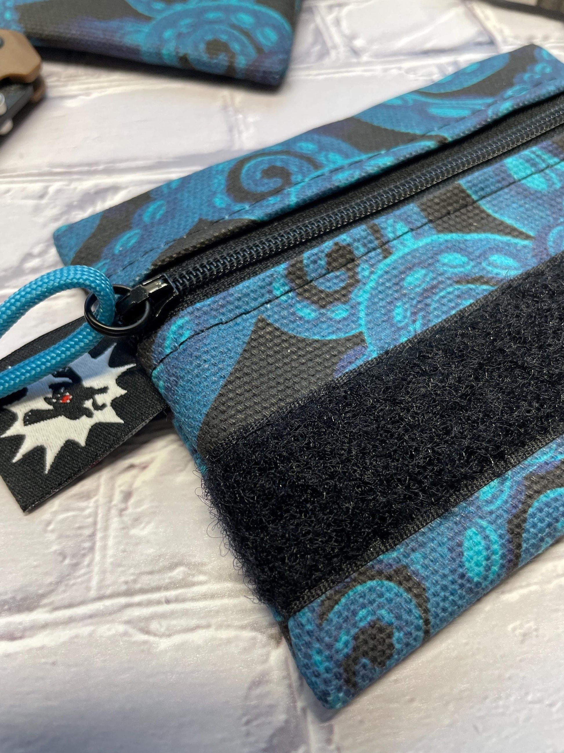 Waxed Canvas EDC Pouch | Mini Pouch | Small Zipper Wallet | Everyday Carry Bag | Hook and Loop Pouch | EDC Gear | Kraken Tentacles Blue