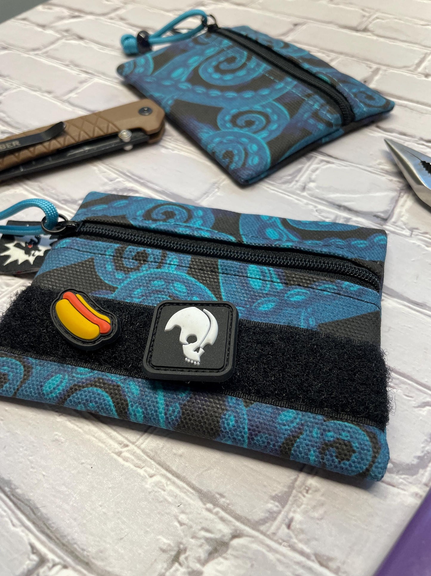 Waxed Canvas EDC Pouch | Mini Pouch | Small Zipper Wallet | Everyday Carry Bag | Hook and Loop Pouch | EDC Gear | Kraken Tentacles Blue