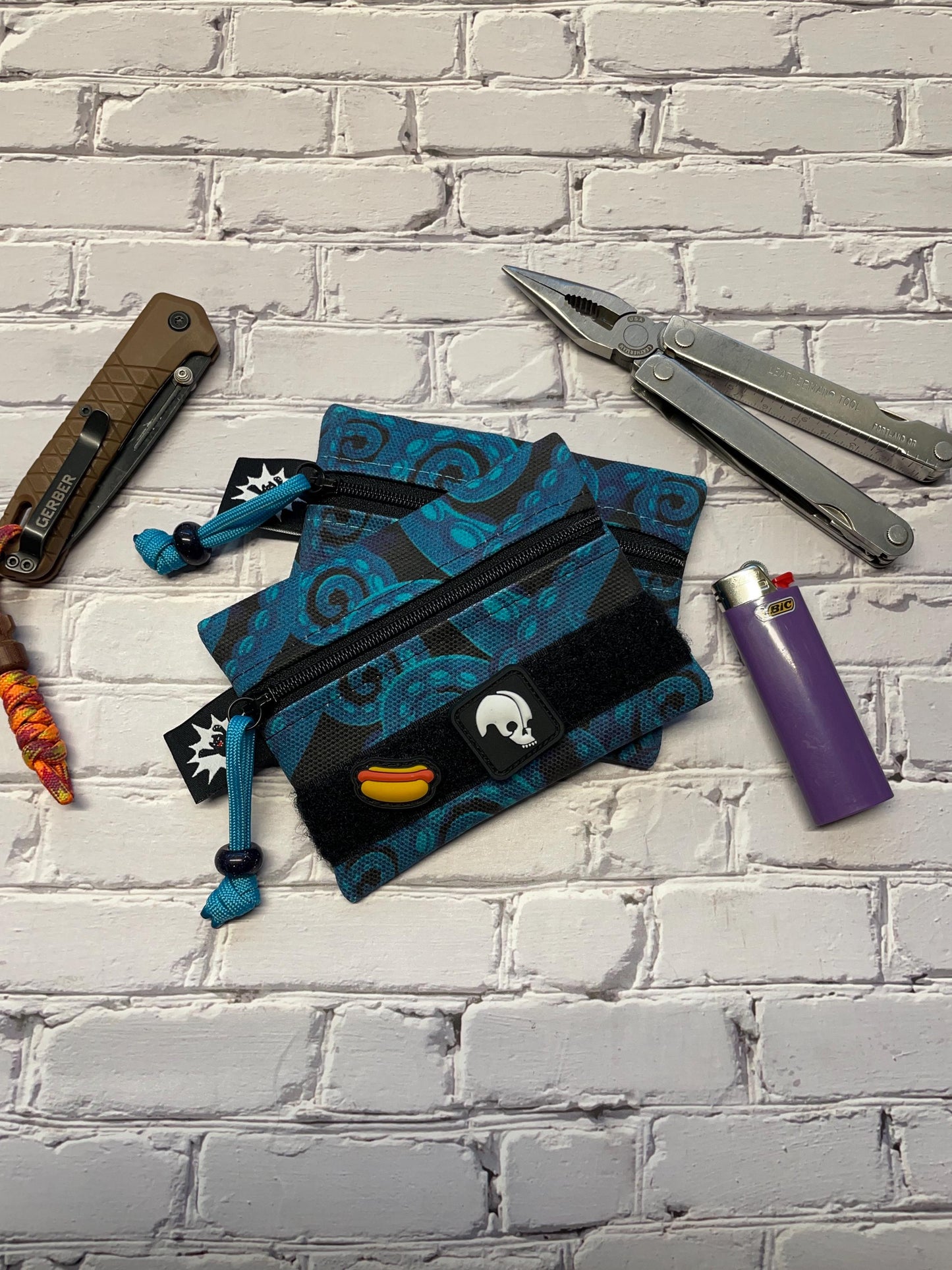 Waxed Canvas EDC Pouch | Mini Pouch | Small Zipper Wallet | Everyday Carry Bag | Hook and Loop Pouch | EDC Gear | Kraken Tentacles Blue