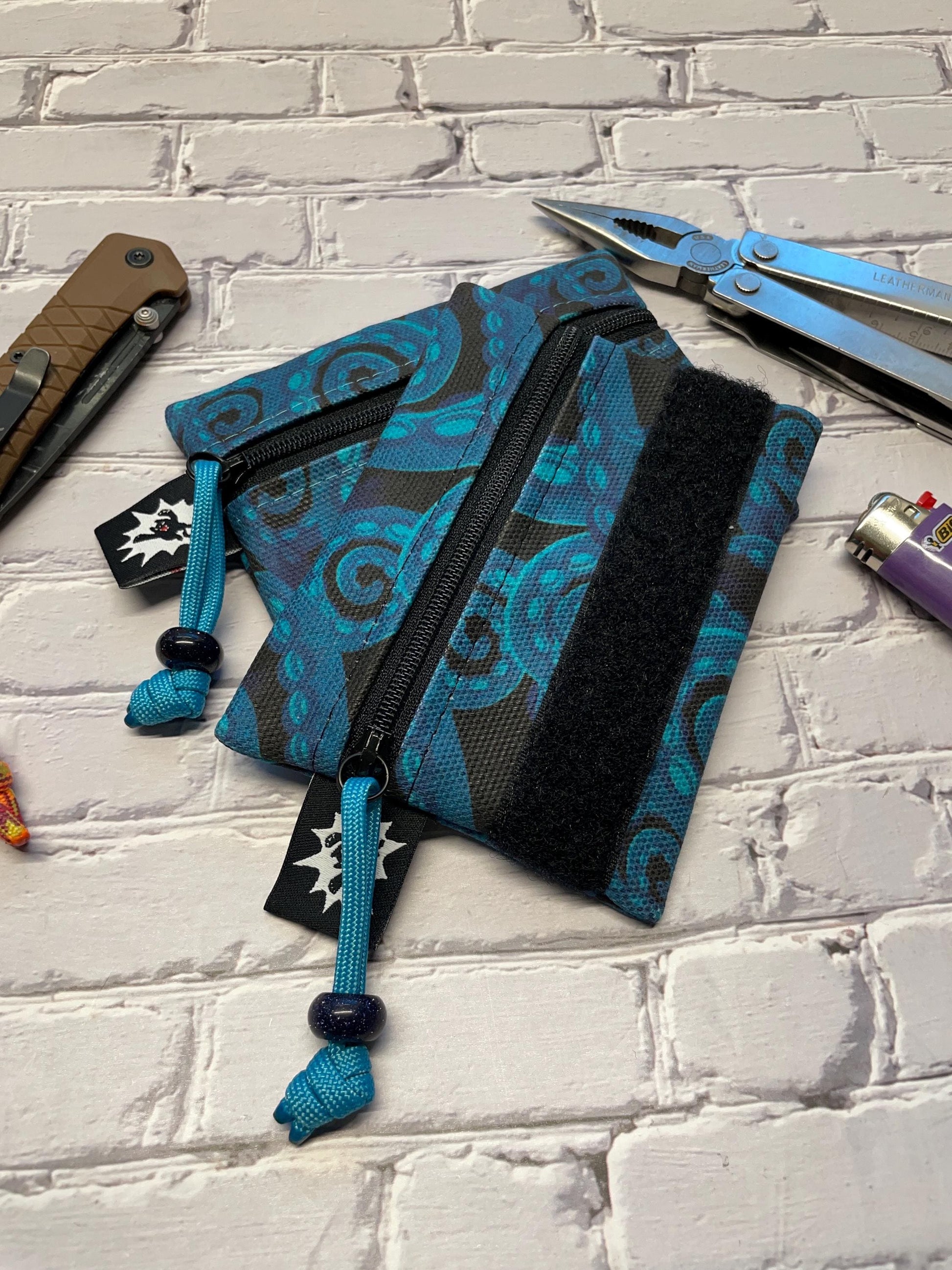 Waxed Canvas EDC Pouch | Mini Pouch | Small Zipper Wallet | Everyday Carry Bag | Hook and Loop Pouch | EDC Gear | Kraken Tentacles Blue