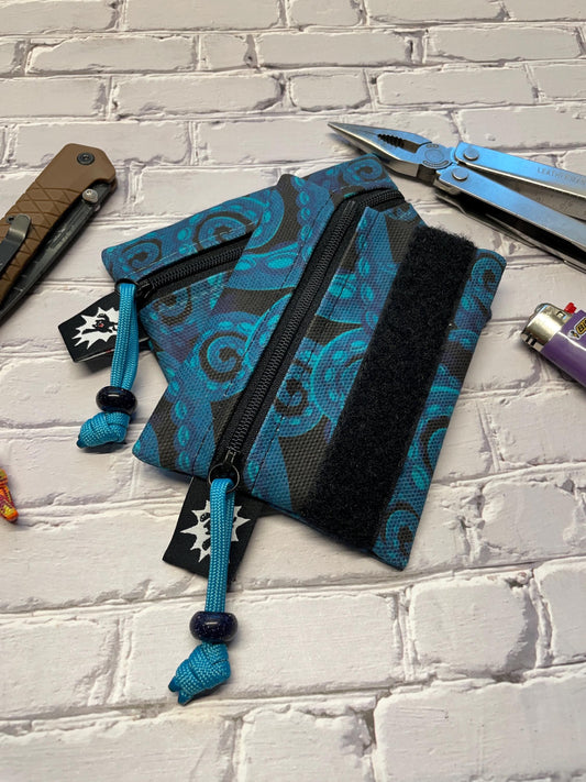 Waxed Canvas EDC Pouch | Mini Pouch | Small Zipper Wallet | Everyday Carry Bag | Hook and Loop Pouch | EDC Gear | Kraken Tentacles Blue