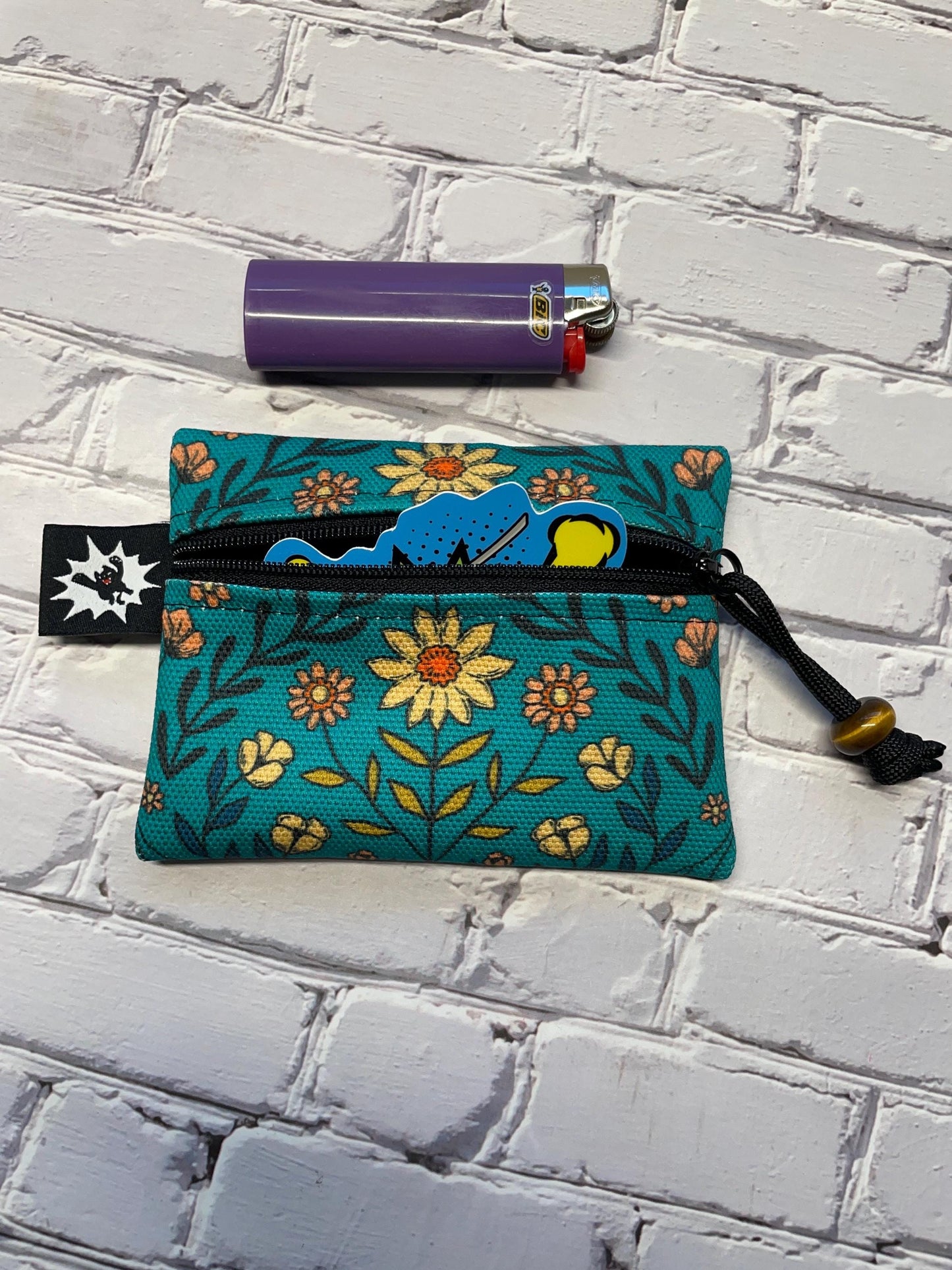 Waxed Canvas EDC Pouch | Mini Pouch | Small Zipper Wallet | Everyday Carry Bag | Hook and Loop Pouch | EDC Gear | Teal Floral Daisy