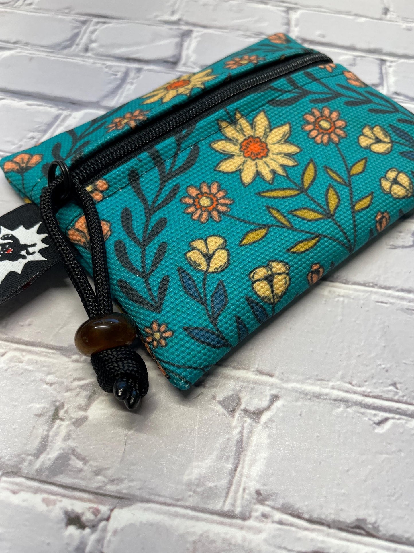 Waxed Canvas EDC Pouch | Mini Pouch | Small Zipper Wallet | Everyday Carry Bag | Hook and Loop Pouch | EDC Gear | Teal Floral Daisy