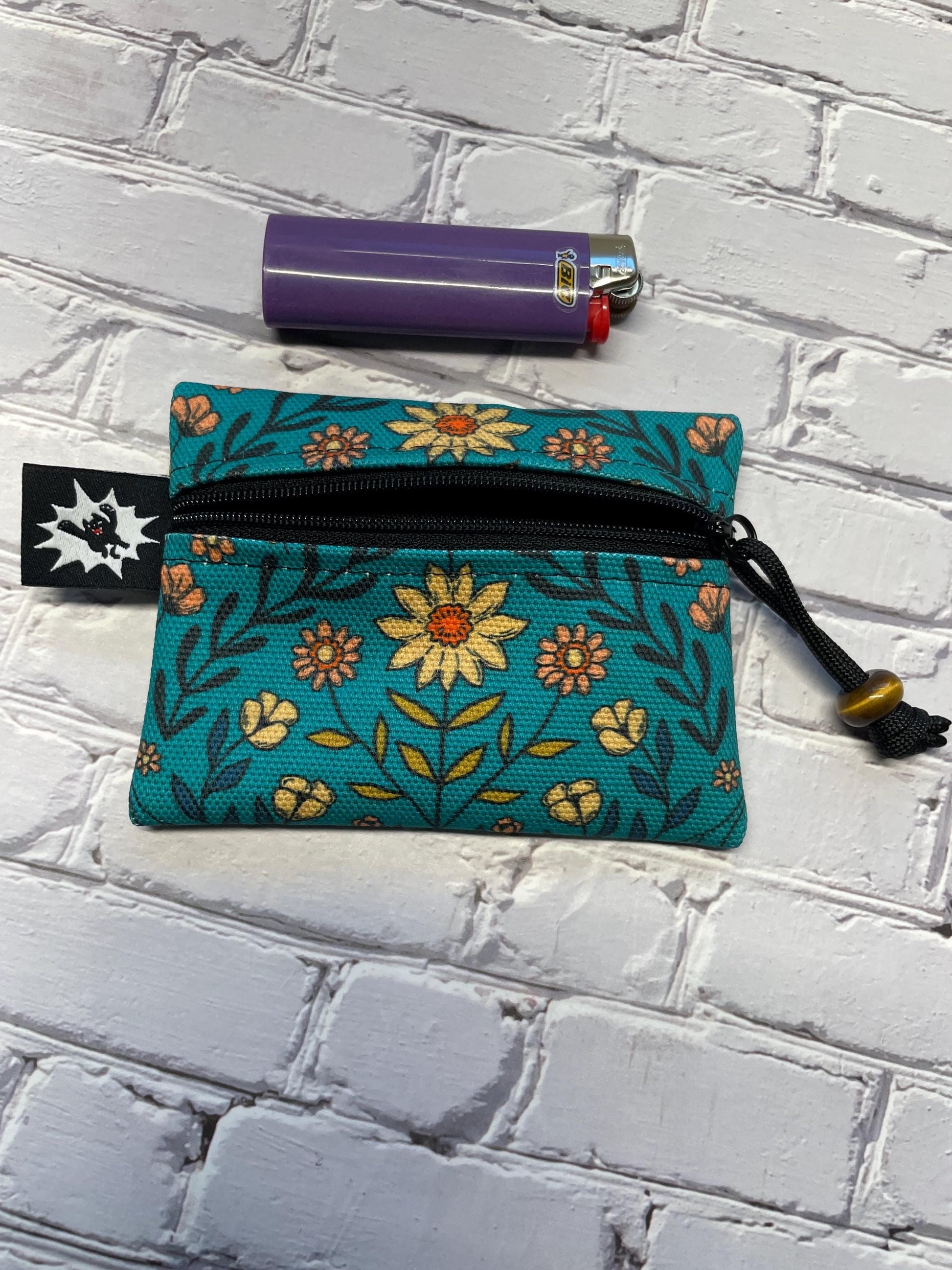 Waxed Canvas EDC Pouch | Mini Pouch | Small Zipper Wallet | Everyday Carry Bag | Hook and Loop Pouch | EDC Gear | Teal Floral Daisy