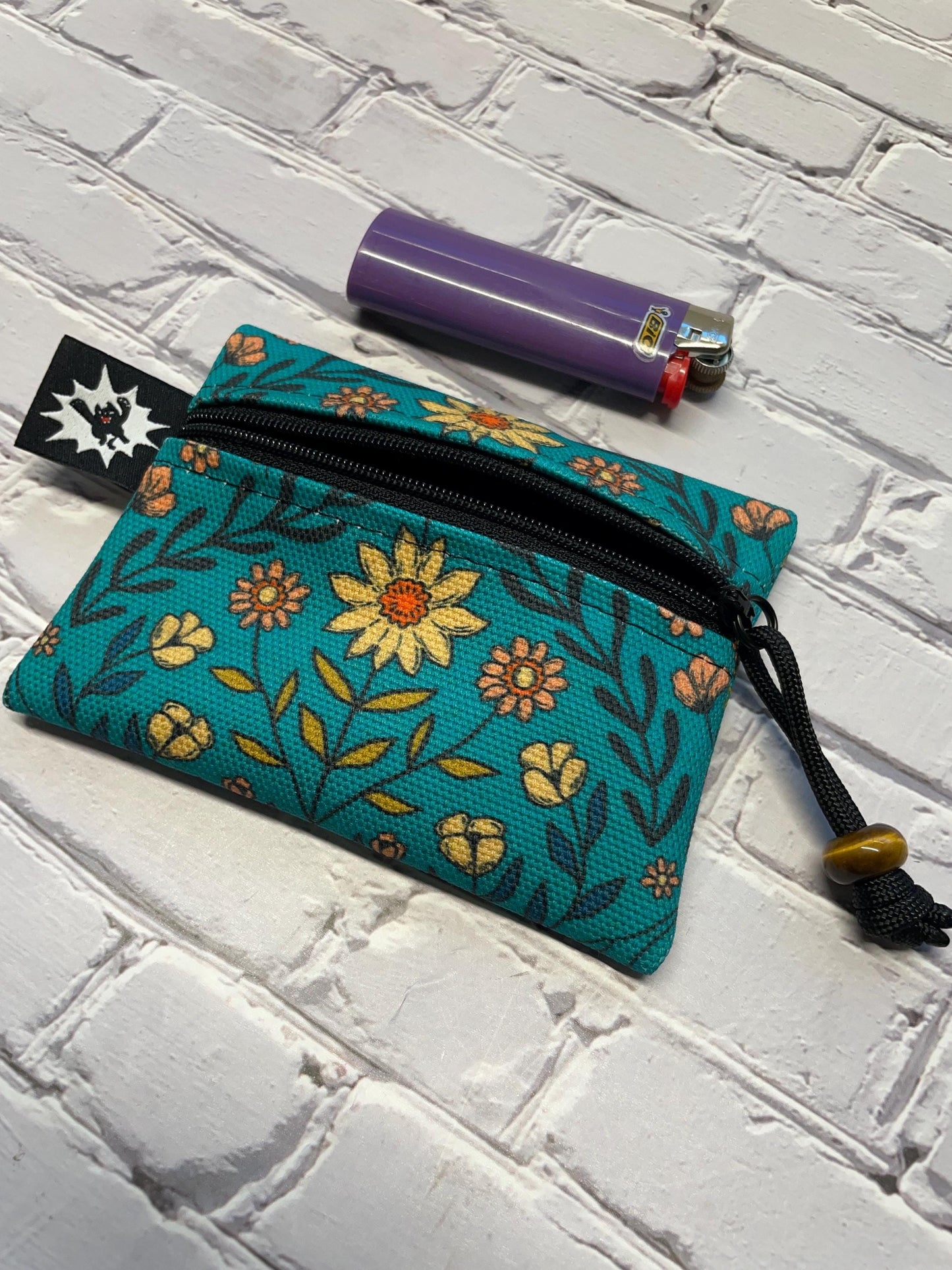 Waxed Canvas EDC Pouch | Mini Pouch | Small Zipper Wallet | Everyday Carry Bag | Hook and Loop Pouch | EDC Gear | Teal Floral Daisy