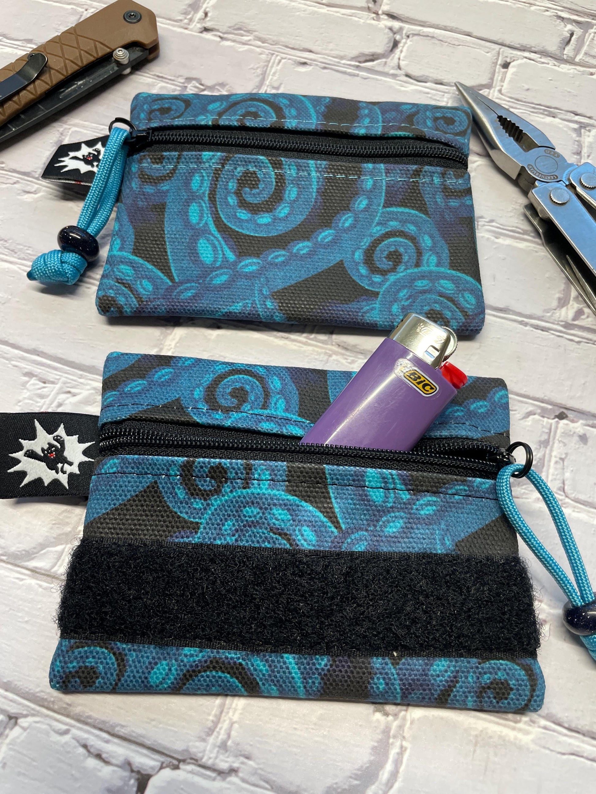 Waxed Canvas EDC Pouch | Mini Pouch | Small Zipper Wallet | Everyday Carry Bag | Hook and Loop Pouch | EDC Gear | Kraken Tentacles Blue