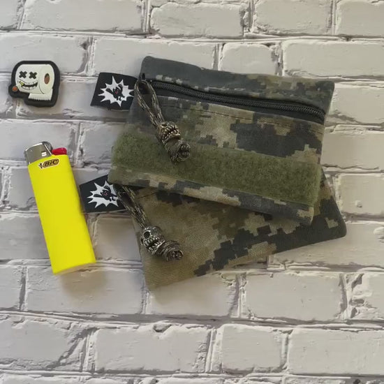 Waxed Canvas EDC Pouch | Mini Pouch | Small Zipper Wallet | Everyday Carry Bag | Hook and Loop Pouch | EDC Gear | Camo Tactical Scull Bead