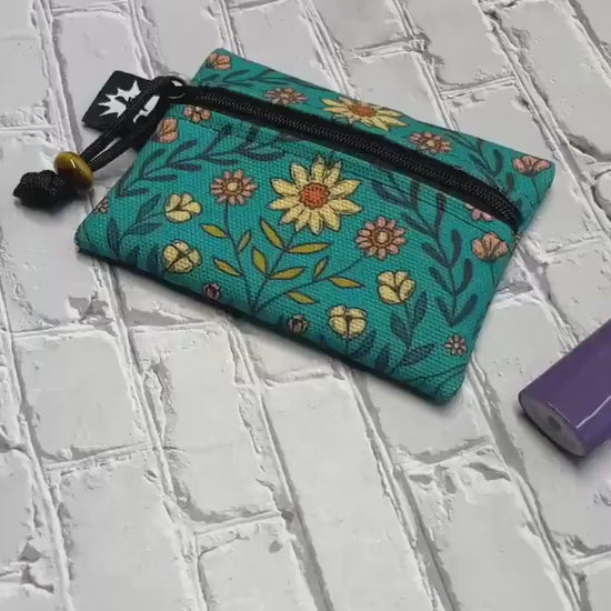 Waxed Canvas EDC Pouch | Mini Pouch | Small Zipper Wallet | Everyday Carry Bag | Hook and Loop Pouch | EDC Gear | Teal Floral Daisy