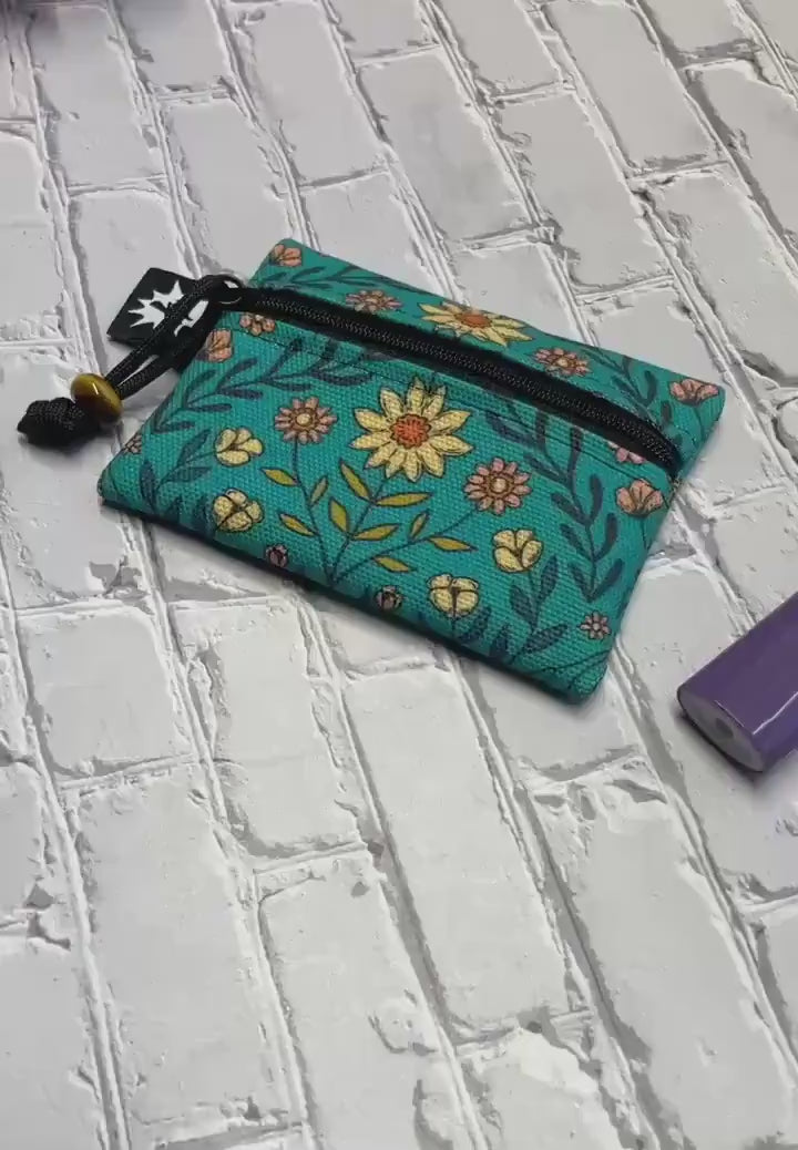 Waxed Canvas EDC Pouch | Mini Pouch | Small Zipper Wallet | Everyday Carry Bag | Hook and Loop Pouch | EDC Gear | Teal Floral Daisy