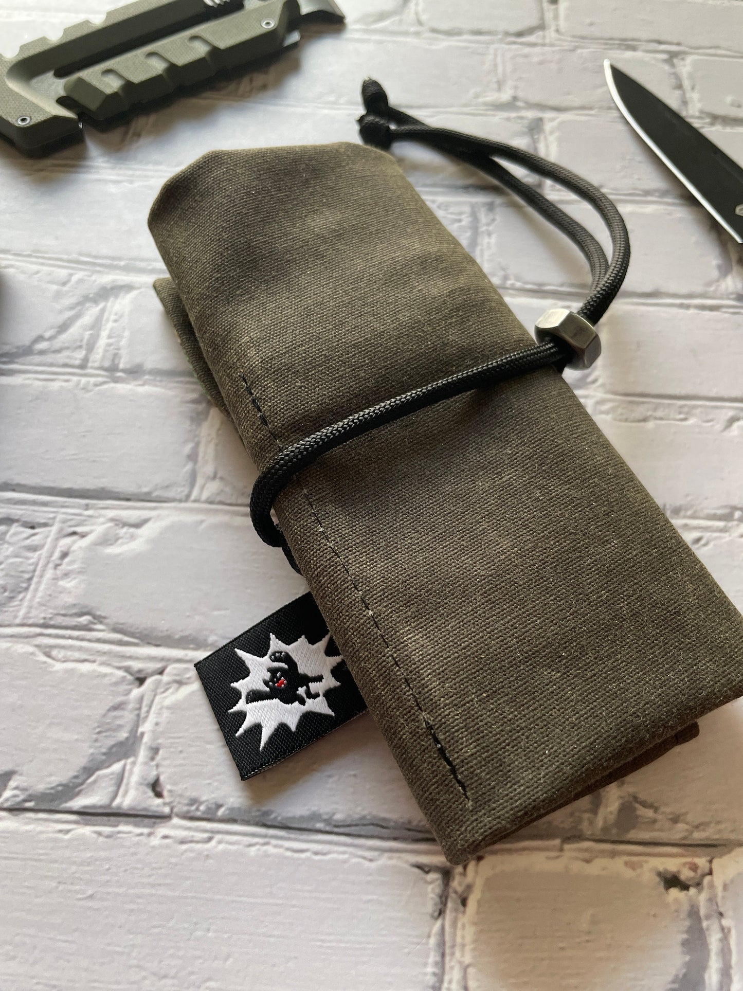 EDC Tool Roll | Waxed Canvas Tool Pouch | Every Day Carry Gear Bag | Pocket Organizer | Knife Roll | Pocket Dump Display Hank | Green Camo