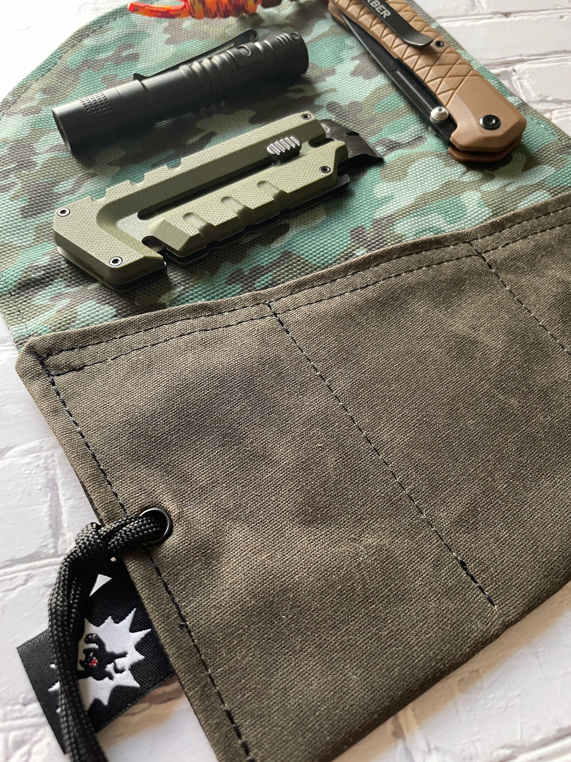 EDC Tool Roll | Waxed Canvas Tool Pouch | Every Day Carry Gear Bag | Pocket Organizer | Knife Roll | Pocket Dump Display Hank | Blue Camo