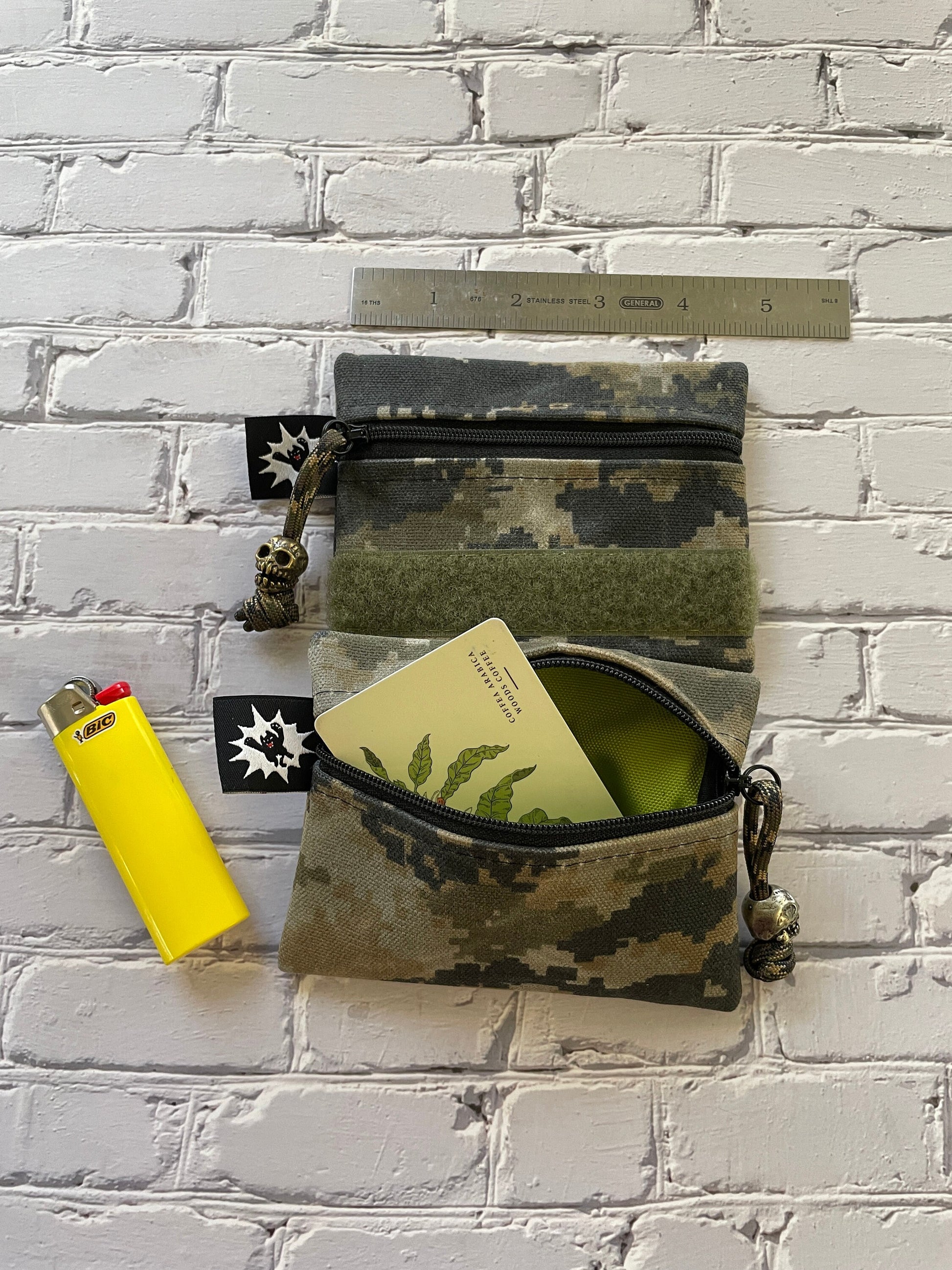 Waxed Canvas EDC Pouch | Mini Pouch | Small Zipper Wallet | Everyday Carry Bag | Hook and Loop Pouch | EDC Gear | Camo Tactical Scull Bead