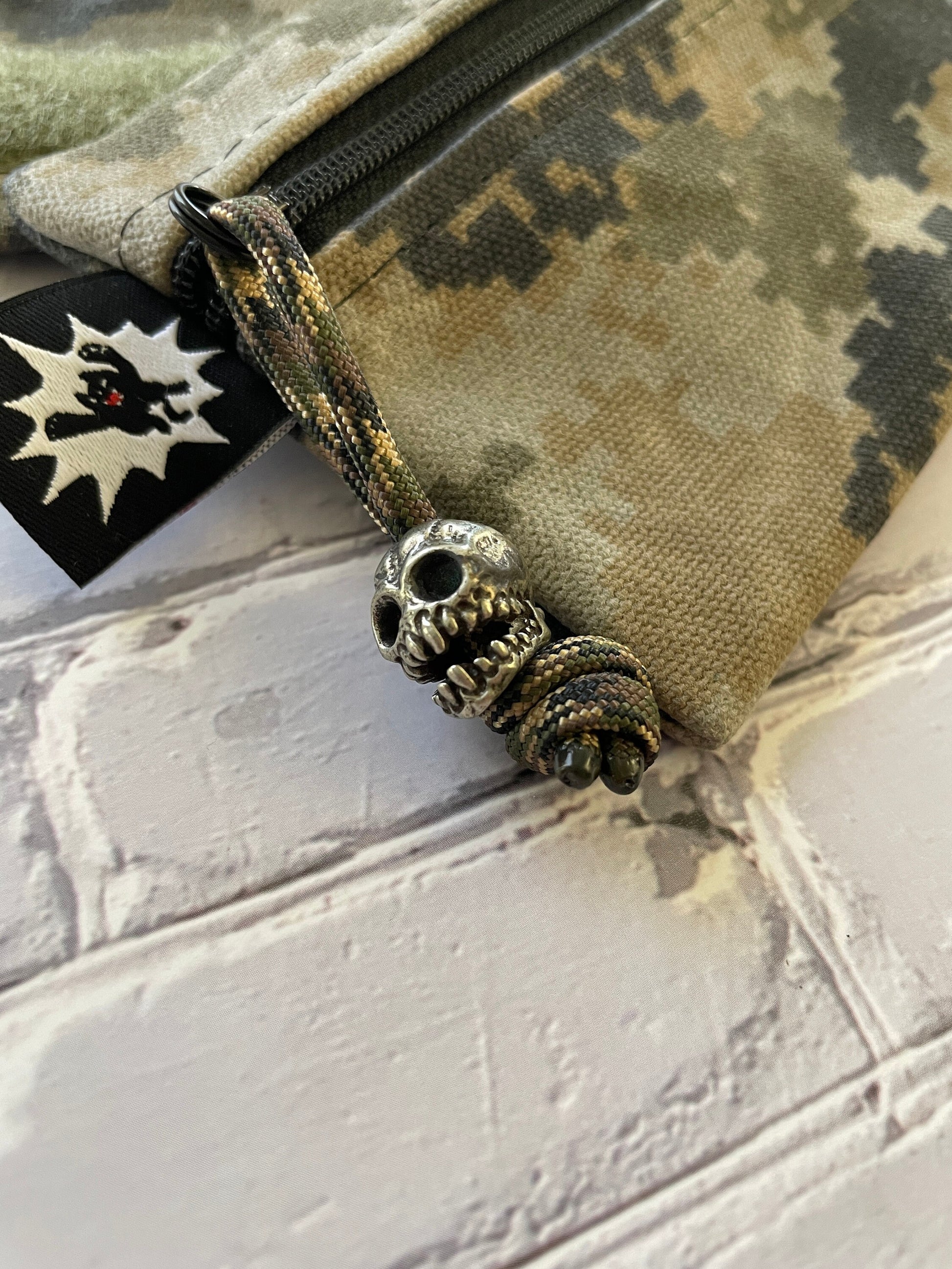 Waxed Canvas EDC Pouch | Mini Pouch | Small Zipper Wallet | Everyday Carry Bag | Hook and Loop Pouch | EDC Gear | Camo Tactical Scull Bead