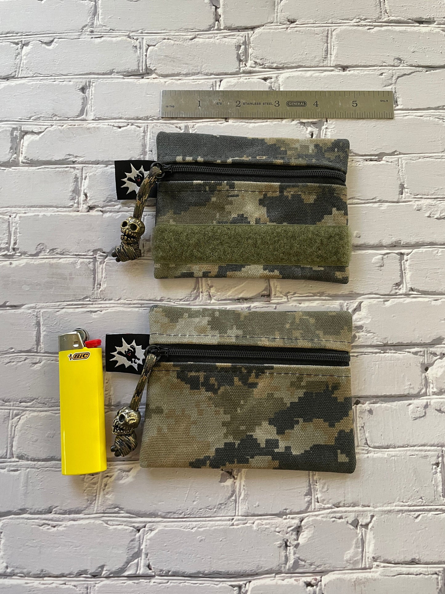 Waxed Canvas EDC Pouch | Mini Pouch | Small Zipper Wallet | Everyday Carry Bag | Hook and Loop Pouch | EDC Gear | Camo Tactical Scull Bead