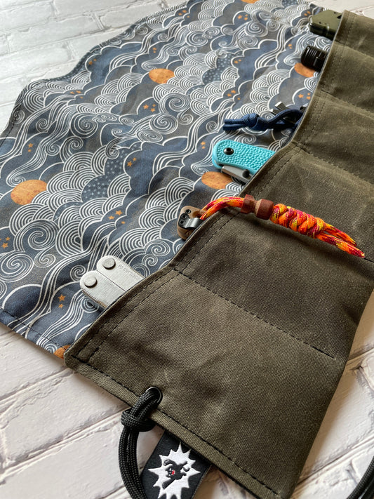 EDC Tool Roll | Waxed Canvas Pouch |Every Day Carry Gear Bag |Pocket Organizer | EDC Knife Roll | Pocket Dump Display Hank | Wave Six Pack